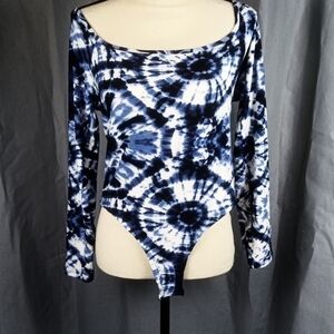 Roma Concept bodysuit, blue and white tie dye, size 1X
